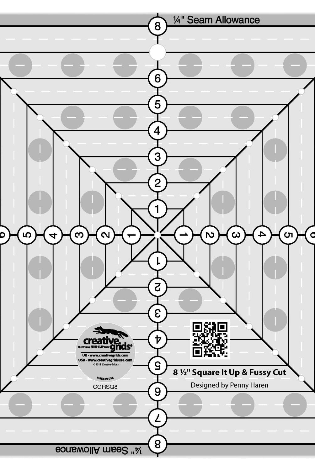 Carmon's Quilt Shop Creative Grids 8-1/2in square quilting ruler with markings for squaring up blocks and fussy cutting. Clear acrylic with black lines and circles.