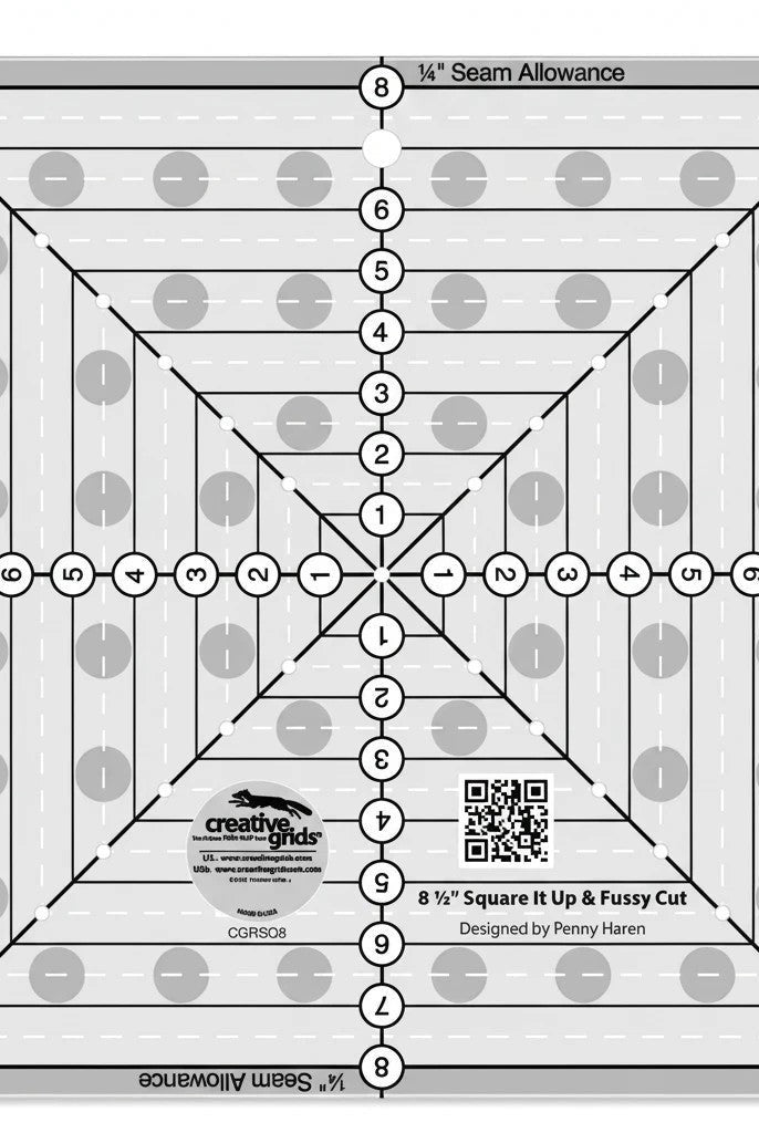 Carmon's Quilt Shop Creative Grids 8.5in square quilting ruler with clear acrylic, black markings, and diagonal lines for fussy cutting.