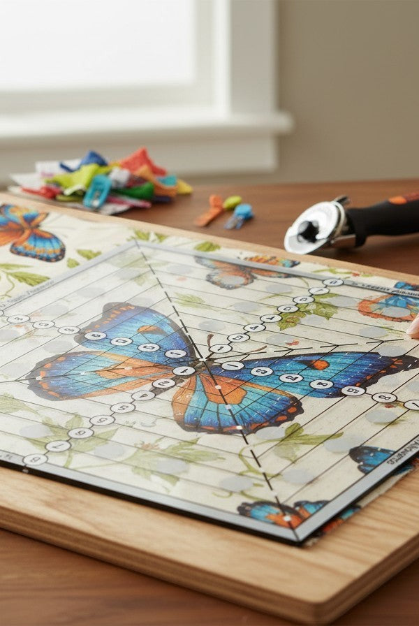 Carmon's Quilt Shop Creative Grids 8.5in square quilting ruler with butterfly fabric. Acrylic ruler features non-slip grip and clear markings.