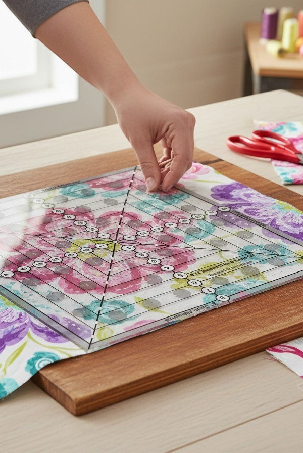 Carmon's Quilt Shop Creative Grids 8-1/2in square quilting ruler with clear acrylic and black markings for fussy cutting floral fabric.