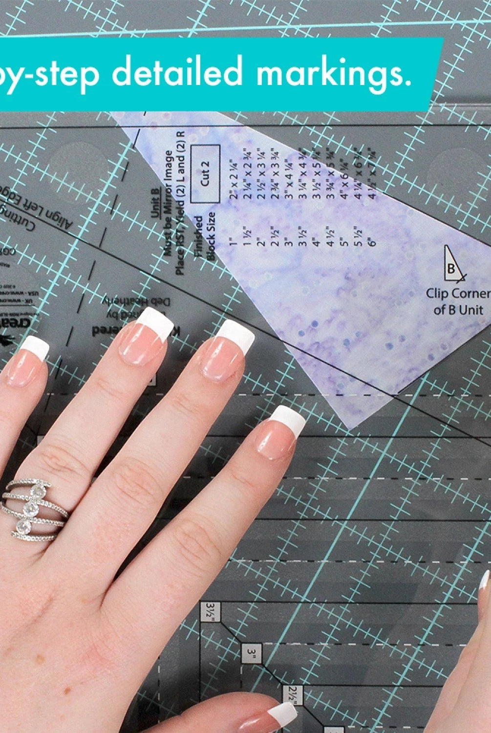 Carmon's Quilt Shop Creative Grids Kitty Cornered quilt ruler, 11" x 11", made of clear acrylic with black markings for quilting and sewing.