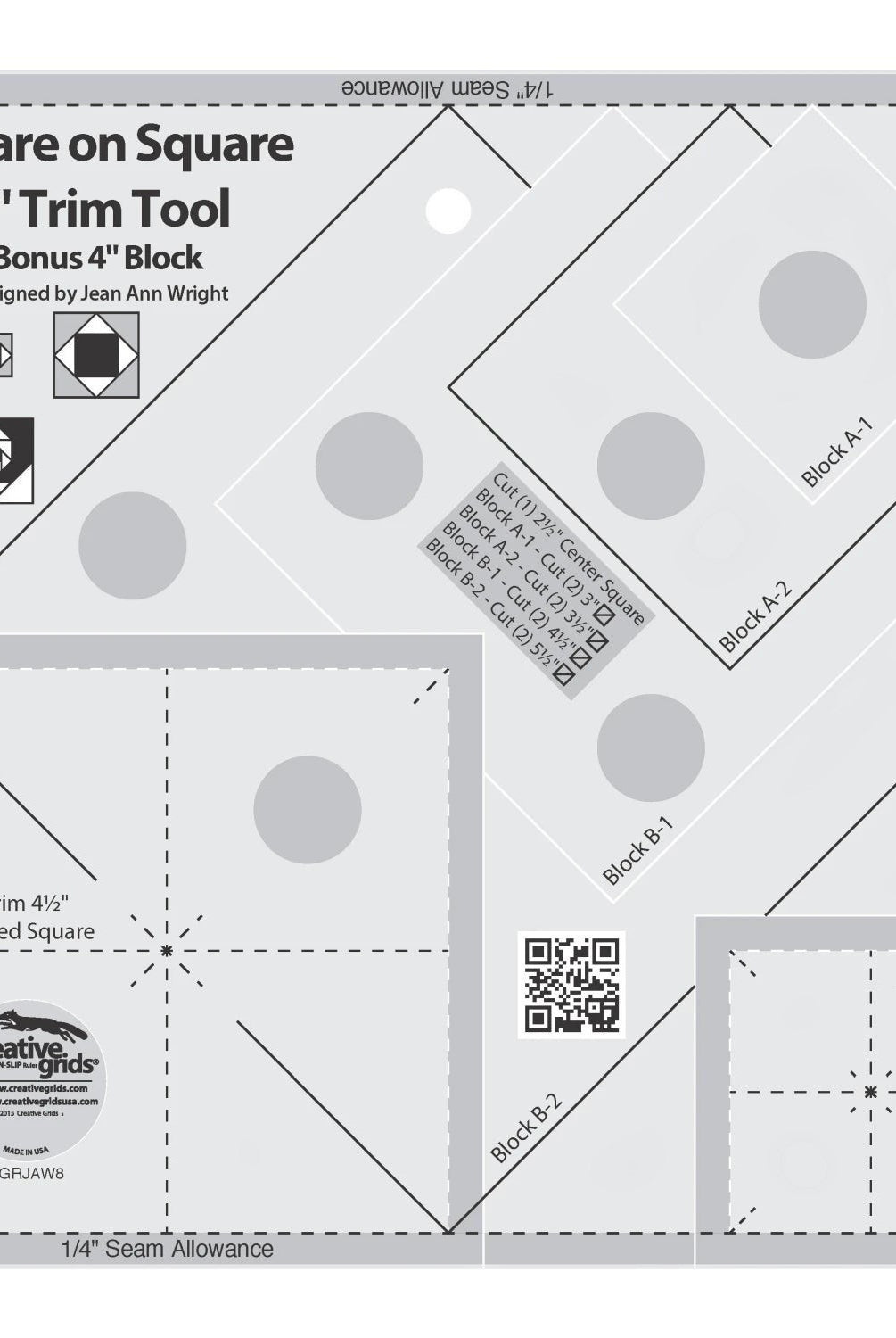 Creative Grids Square on Square 8-Inch Trim Tool for 4-inch bonus blocks, made of clear acrylic with black markings.