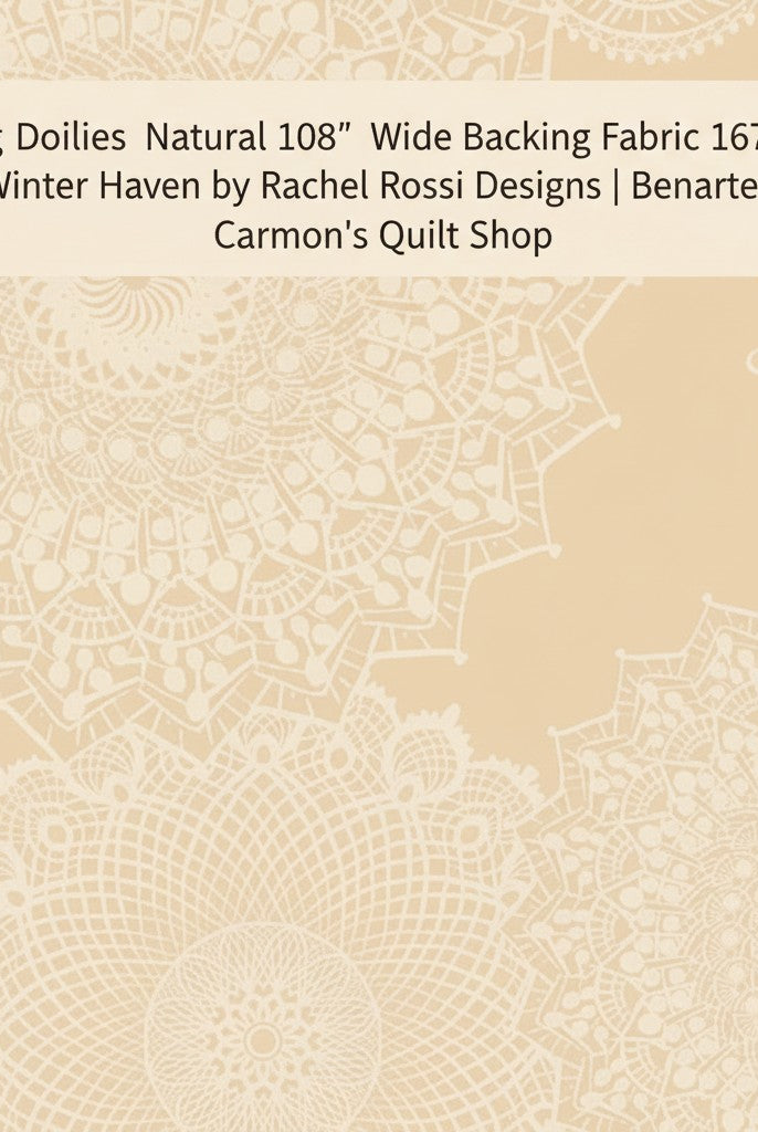 Carmon's Quilt Shop Dancing Doilies natural 108-inch wide backing fabric with an elegant decorative lace pattern.