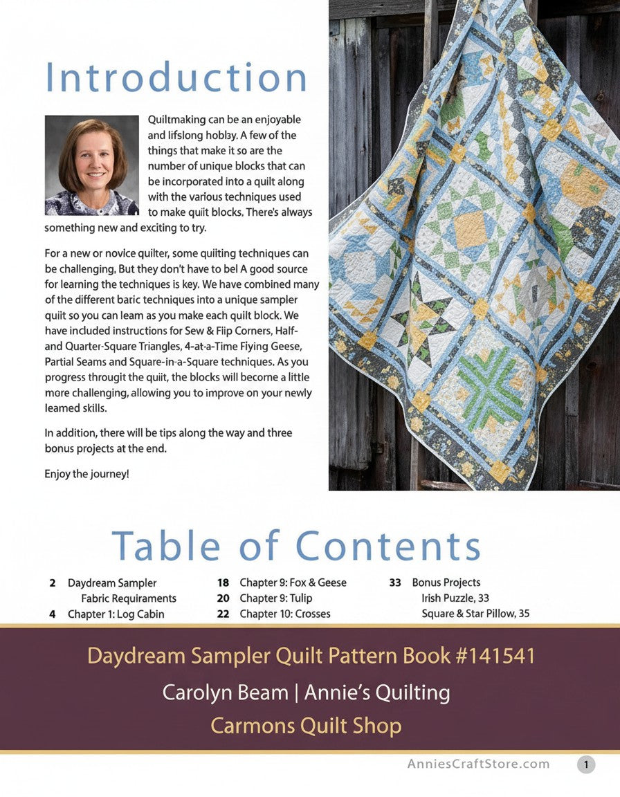 Carmon's Quilt Shop Daydream Sampler quilt pattern book page showing a blue and yellow pieced quilt and introduction