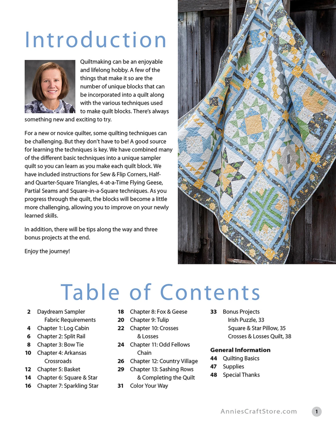 Carmon's Quilt Shop Daydream Sampler quilt pattern book page showing a blue and yellow pieced quilt and introduction