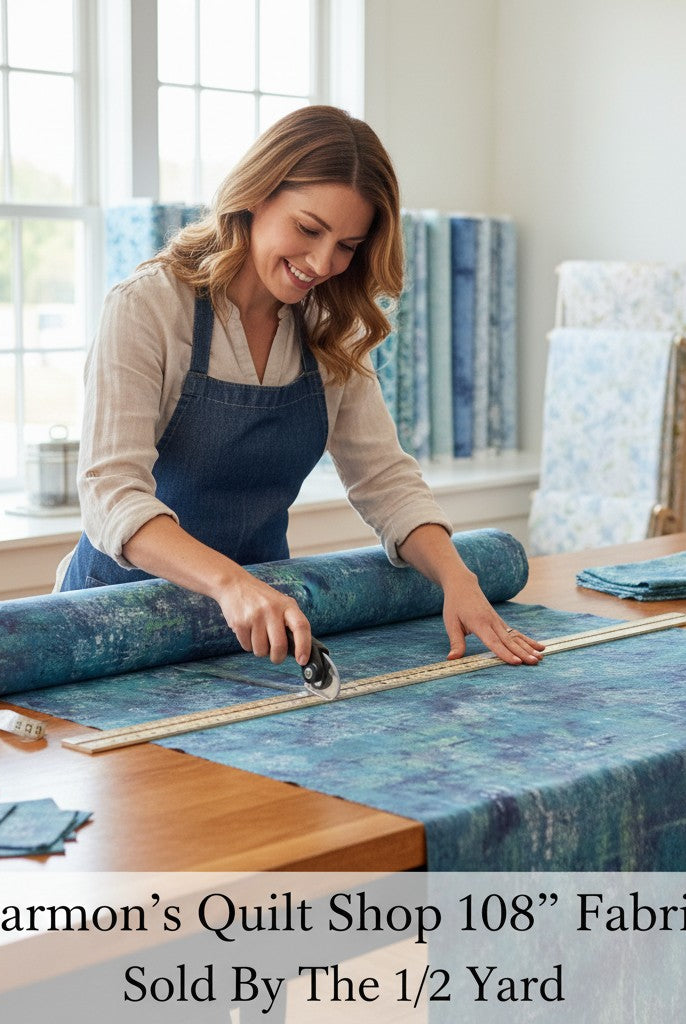Carmon's Quilt Shop woman cutting denim blue mottled 108 inch wide cotton quilting fabric on a wooden table