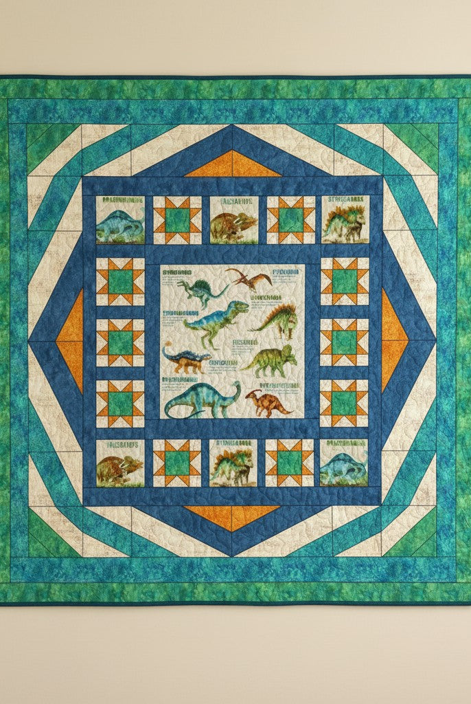 Carmon's Quilt Shop Dinosaur Adventure Quilt Kit featuring watercolor dinosaurs like T-Rex and Brachiosaurus on a cream and blue fabric.