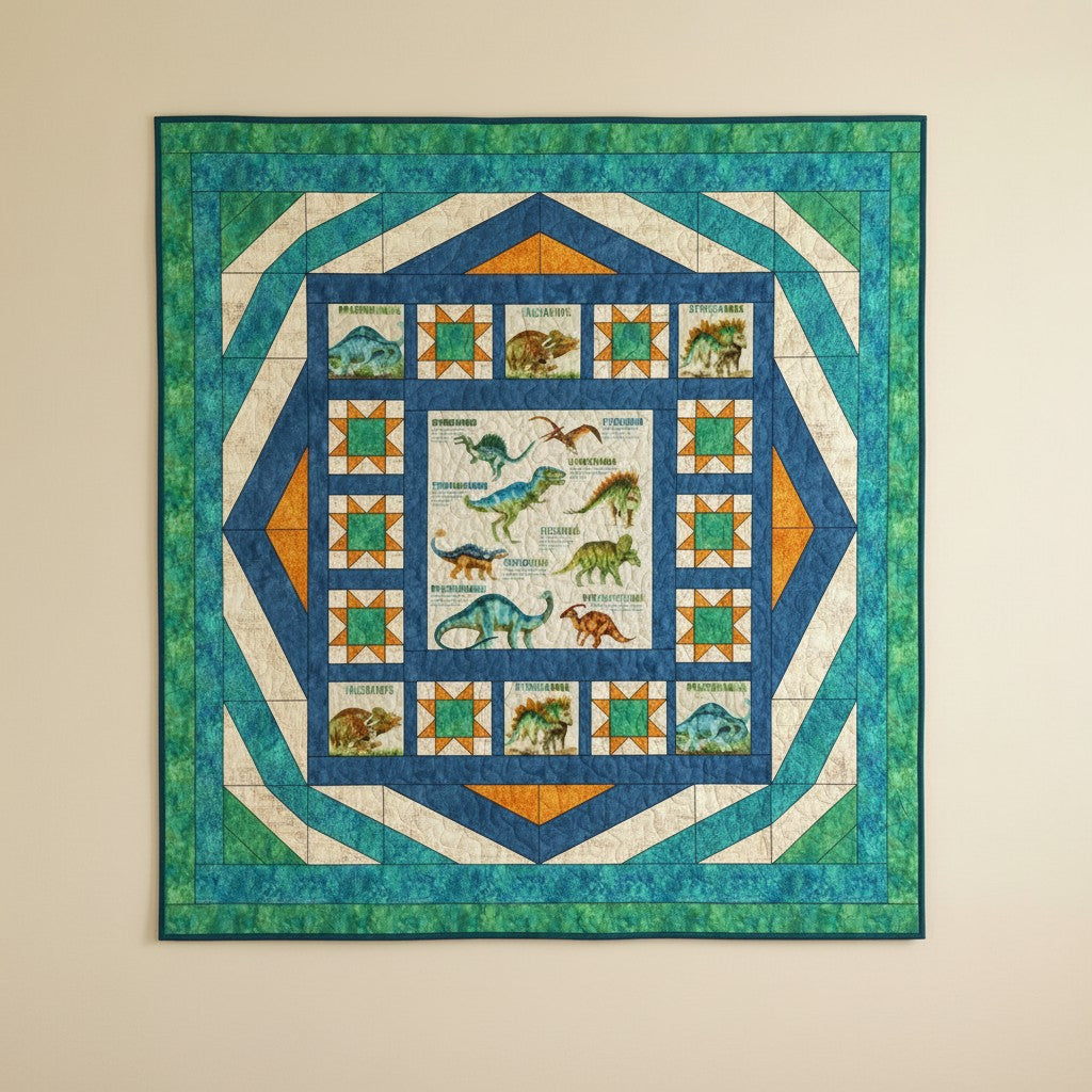 Carmon's Quilt Shop Dinosaur Adventure Quilt Kit featuring watercolor dinosaurs like T-Rex and Brachiosaurus on a cream and blue fabric.