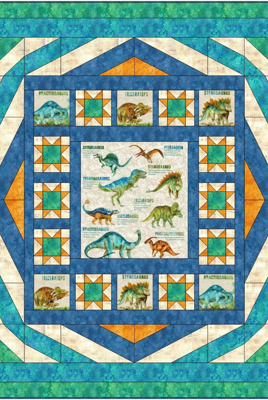 Carmon's Quilt Shop Dinosaur Adventure Quilt Kit features watercolor dinosaurs like T-Rex and Brachiosaurus on a cream background with blue and orange accents.