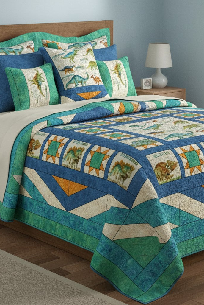 Carmon's Quilt Shop Dinosaur Adventure Quilt Kit featuring watercolor dinosaurs like T-Rex and Brachiosaurus on a cream background with blue and orange accents.