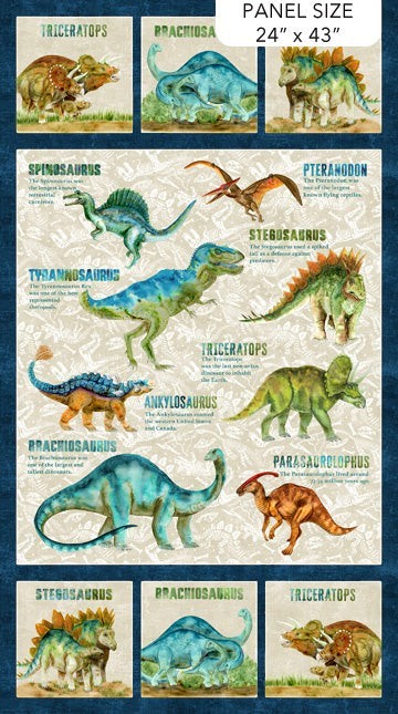 Carmon's Quilt Shop Dinosaur Adventure quilt panel fabric with watercolor dinosaurs like T-Rex, Brachiosaurus, Triceratops.
