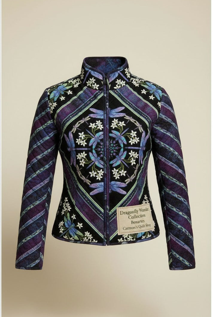 Carmon's Quilt Shop quilted jacket made from Benartex Dragonfly Wonder cotton fabric in black and plum with dragonfly motifs.