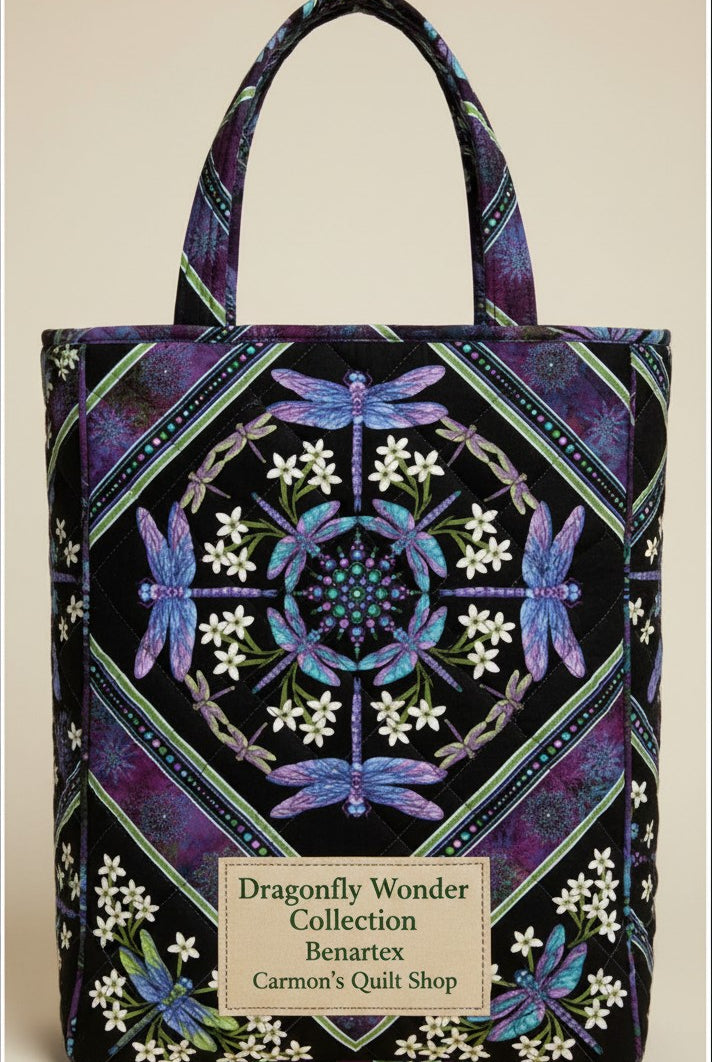 Carmon's Quilt Shop tote bag made from Benartex Dragonfly Wonder black and plum cotton fabric with dragonfly print