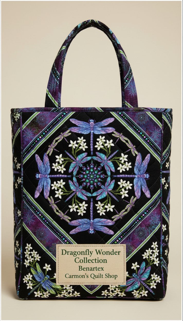 Carmon's Quilt Shop tote bag made from Benartex Dragonfly Wonder black and plum cotton fabric with dragonfly print