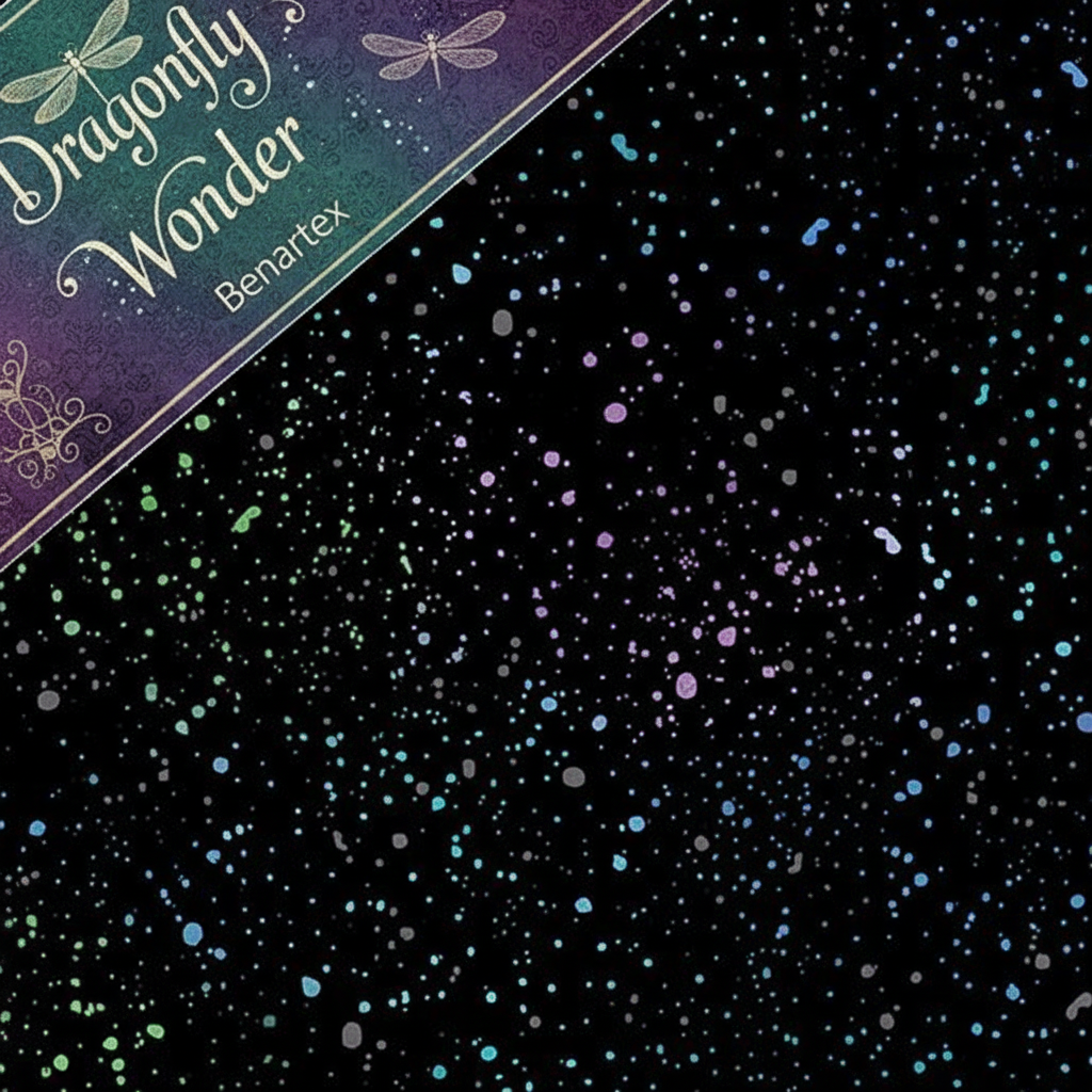 Carmon's Quilt Shop Dragonfly Wonder black cotton fabric with multi-colored spatter print and branded header