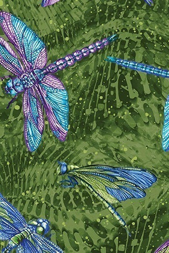 Carmon's Quilt Shop Dragonfly Wonder cotton fabric featuring vibrant blue and purple dragonflies on a green background