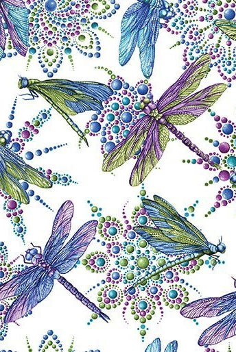 Carmon's Quilt Shop Dragonfly Wonder cotton fabric featuring vibrant dragonflies and jewel-toned mandala patterns.