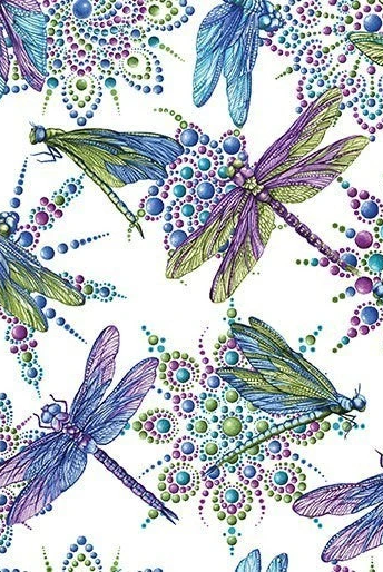 Carmon's Quilt Shop Dragonfly Wonder cotton fabric featuring vibrant dragonflies and jewel-toned mandala patterns.