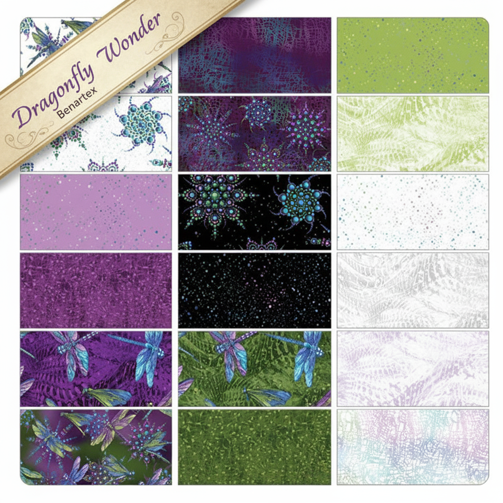 Carmon's Quilt Shop Dragonfly Wonder quilting fabric collection featuring dragonfly and floral patterns in plum and green