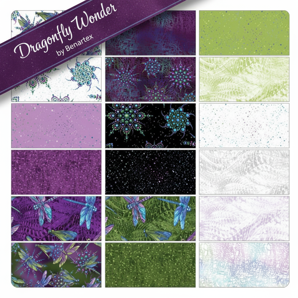 Carmon's Quilt Shop Dragonfly Wonder fabric collection by Benartex featuring dragonfly and cirrus texture patterns.
