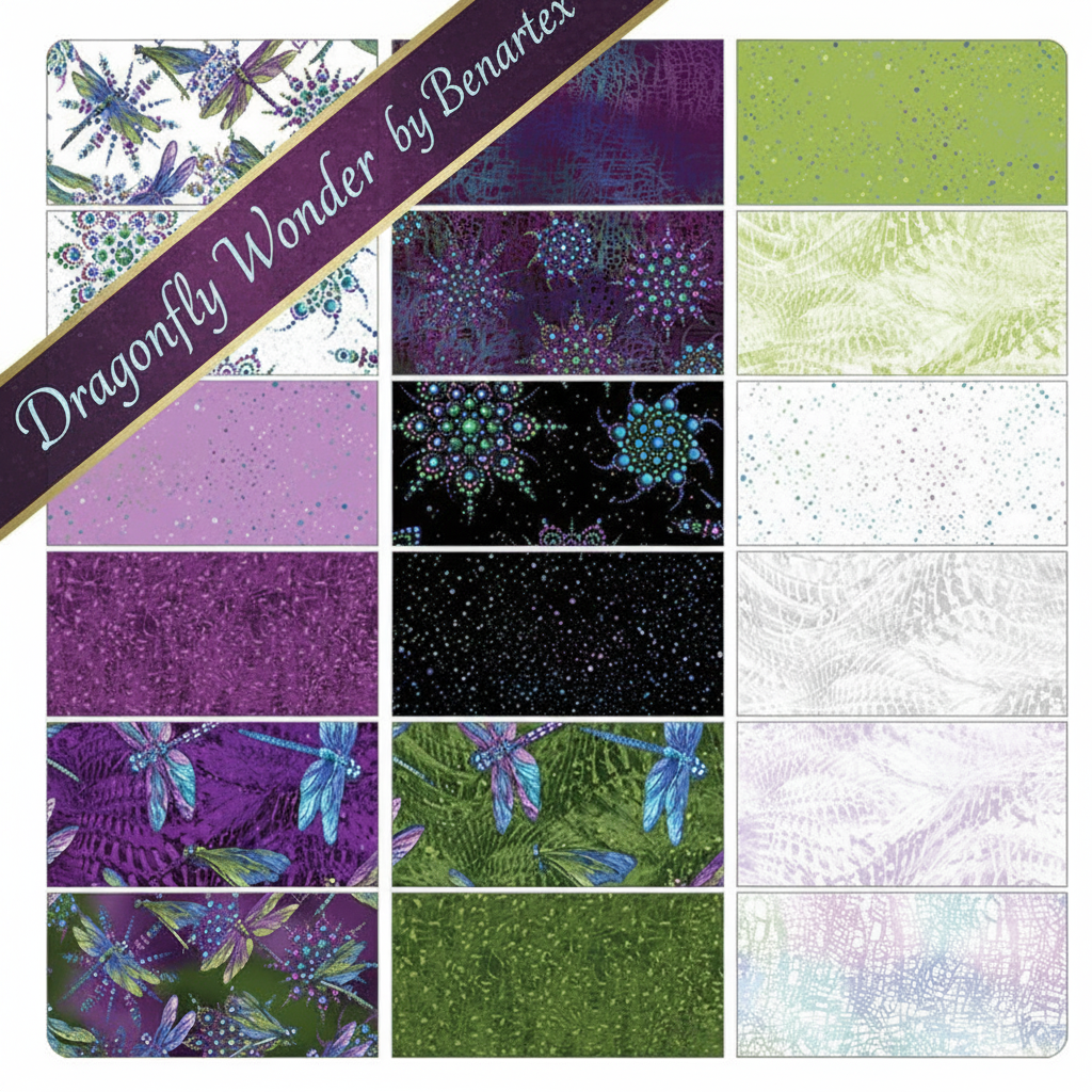 Carmon's Quilt Shop Dragonfly Wonder fabric collection by Benartex featuring dragonfly, floral, and rippling wave prints