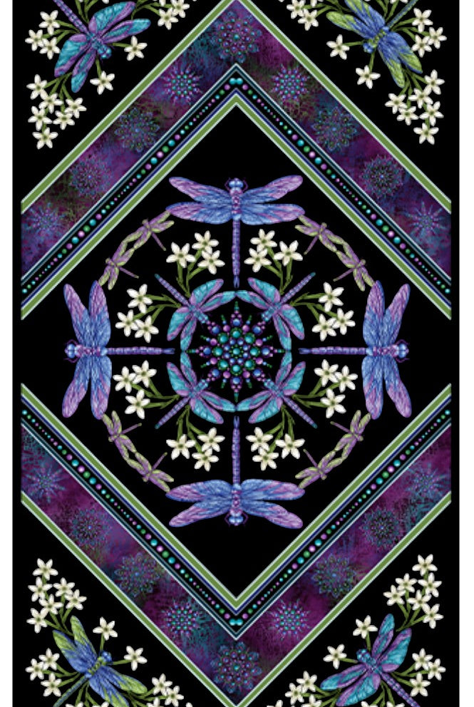 Carmon's Quilt Shop Benartex Dragonfly Wonder cotton fabric panel featuring purple dragonflies and white flowers