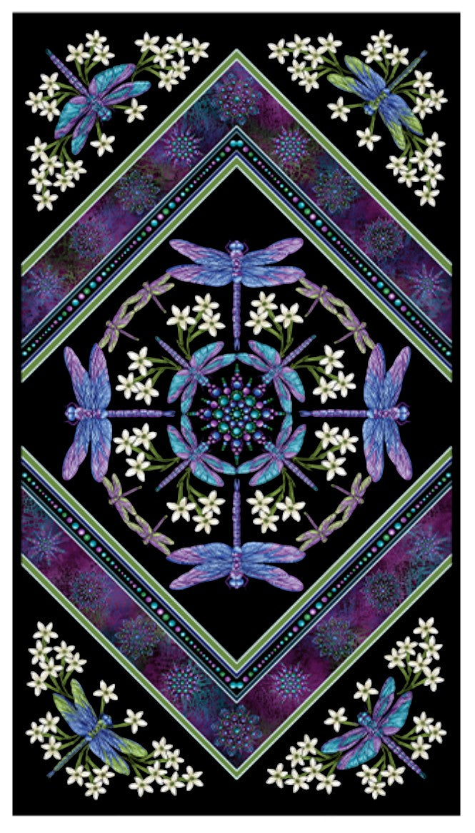 Carmon's Quilt Shop Benartex Dragonfly Wonder cotton fabric panel featuring purple dragonflies and white flowers