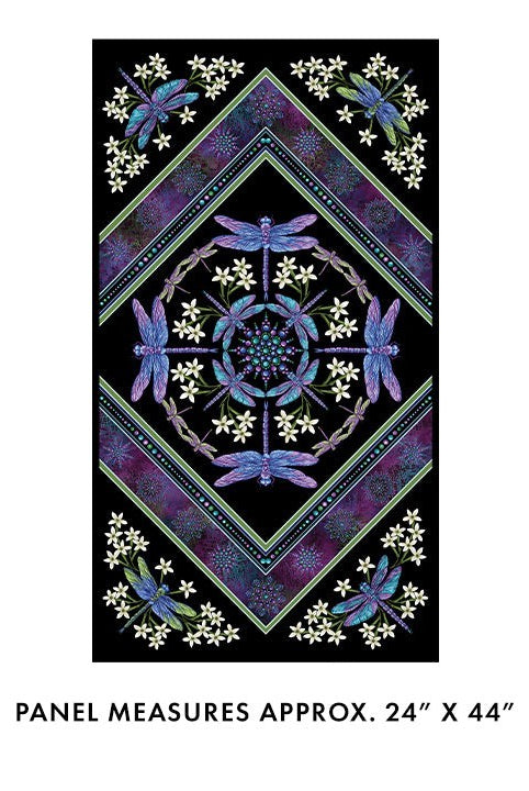 Carmon's Quilt Shop Benartex Dragonfly Wonder cotton fabric panel featuring purple dragonflies on a black background