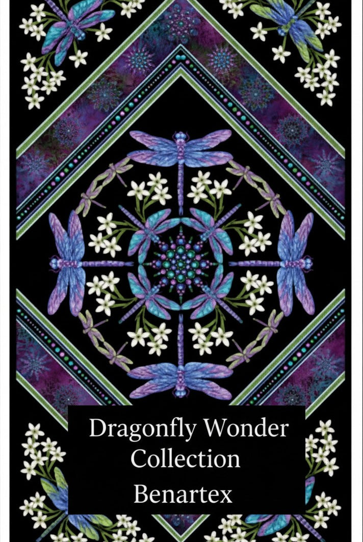 Carmon's Quilt Shop Benartex Dragonfly Wonder cotton fabric panel featuring purple dragonflies and white flowers.