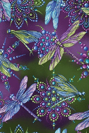 Carmon's Quilt Shop Dragonfly Wonder cotton fabric featuring vibrant dragonflies and jewel-toned floral mandala patterns