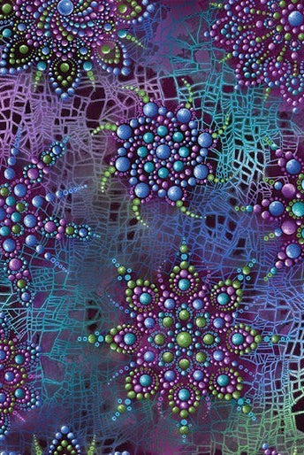 Carmon's Quilt Shop Dragonfly Wonder cotton fabric featuring purple and teal mandala-style dragonfly patterns.