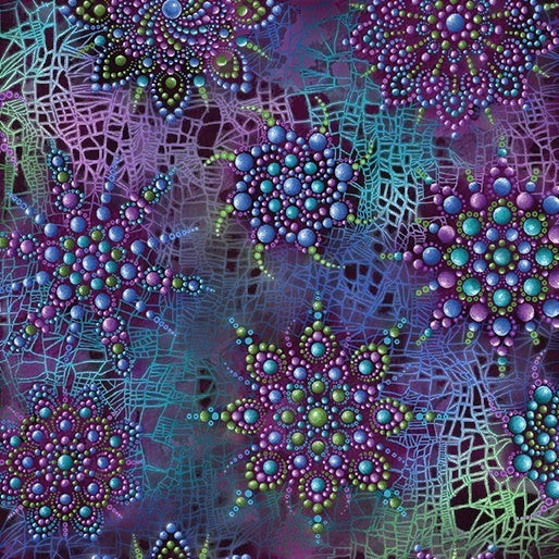Carmon's Quilt Shop Dragonfly Wonder cotton fabric featuring purple and teal mandala-style dragonfly patterns.