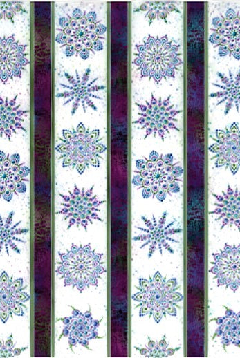 Carmon's Quilt Shop Dragonfly Wonder cotton fabric featuring vertical stripes of floral mandalas and jewel tones