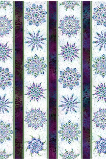 Carmon's Quilt Shop Dragonfly Wonder cotton fabric featuring vertical stripes of floral mandalas and jewel tones