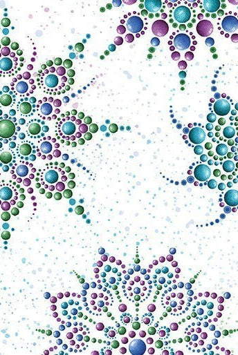 Carmon's Quilt Shop Dragonfly Wonder cotton fabric featuring intricate dot-art mandala patterns in jewel tones.