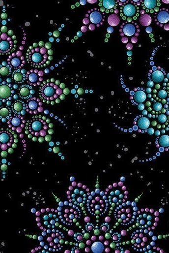 Carmon's Quilt Shop Dragonfly Wonder cotton fabric featuring vibrant jewel-toned dot mandalas on a black background.