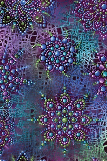 Carmon's Quilt Shop Dragonfly Wonder cotton fabric featuring purple and teal mandala-style dragonfly patterns.