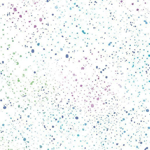 Carmon's Quilt Shop Dragonfly Wonder cotton fabric featuring a white background with multi-colored paint splatter print