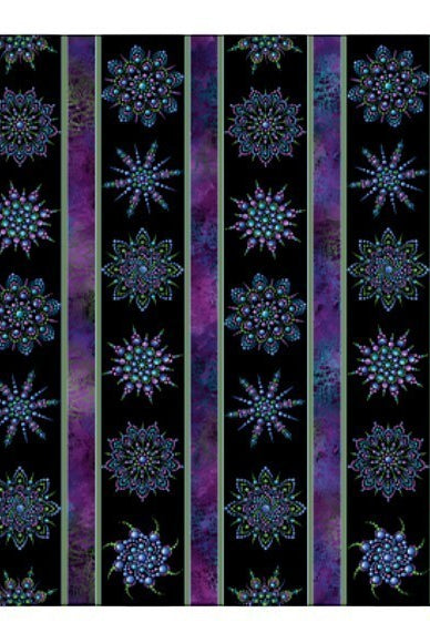 Carmon's Quilt Shop Dragonfly Wonder cotton fabric featuring purple and teal mandala patterns on black stripes.