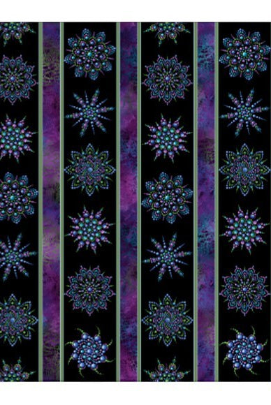 Carmon's Quilt Shop Dragonfly Wonder cotton fabric featuring purple and teal mandala patterns on black stripes.