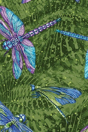 Carmon's Quilt Shop Dragonfly Wonder cotton fabric featuring vibrant blue and purple dragonflies on a green background.