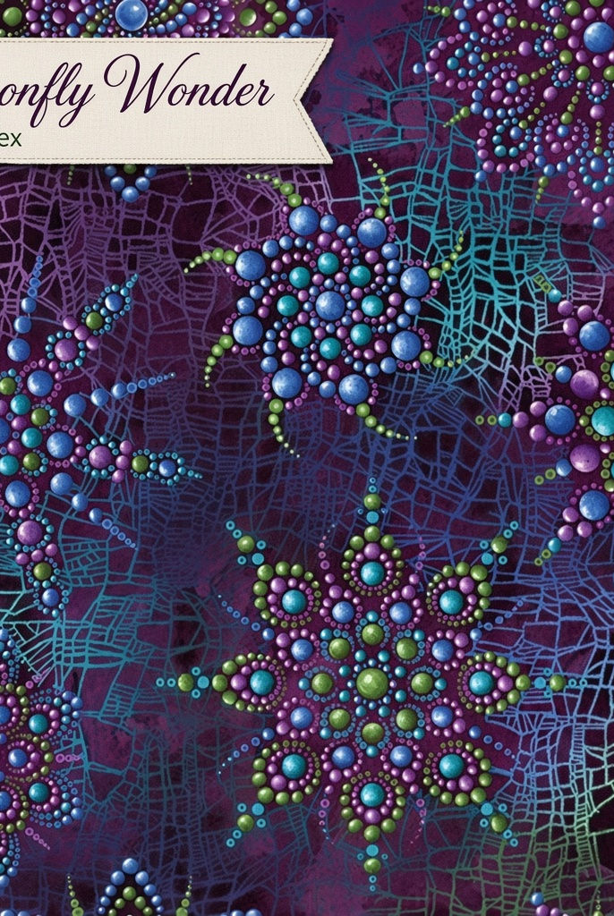 Carmon's Quilt Shop Dragonfly Wonder fabric featuring purple and green dot mandala patterns on a dark webbed background