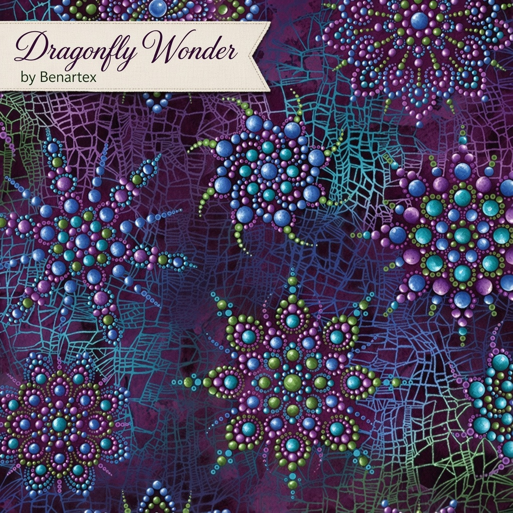 Carmon's Quilt Shop Dragonfly Wonder fabric featuring purple and green dot mandala patterns on a dark webbed background