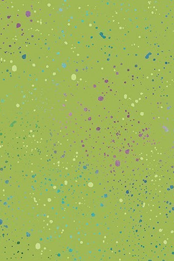 Carmon's Quilt Shop Dragonfly Wonder cotton fabric with lime green background and multi-colored paint splatter pattern