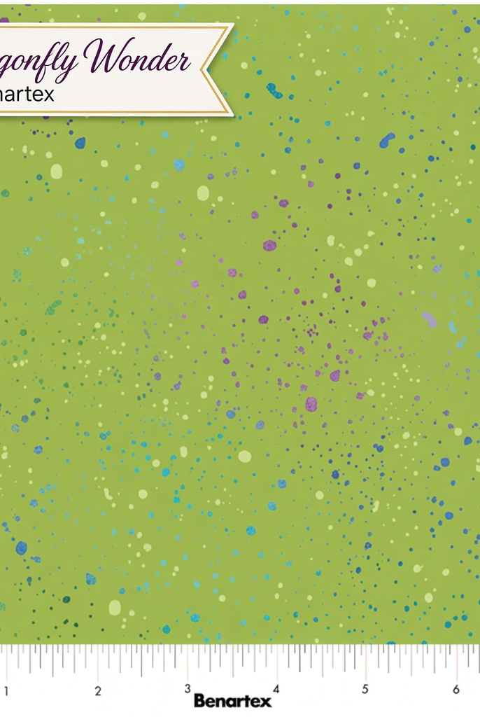 Carmon's Quilt Shop Dragonfly Wonder green cotton fabric with purple and blue speckled print by Benartex
