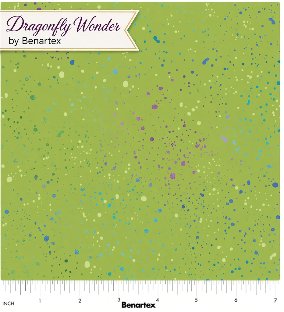 Carmon's Quilt Shop Dragonfly Wonder green cotton fabric with purple and blue speckled print by Benartex