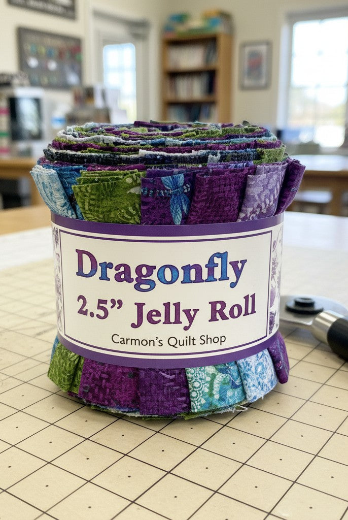 Carmon's Quilt Shop Dragonfly Wonder 2.5 inch jelly roll featuring 40 pre-cut cotton fabric strips in floral prints.
