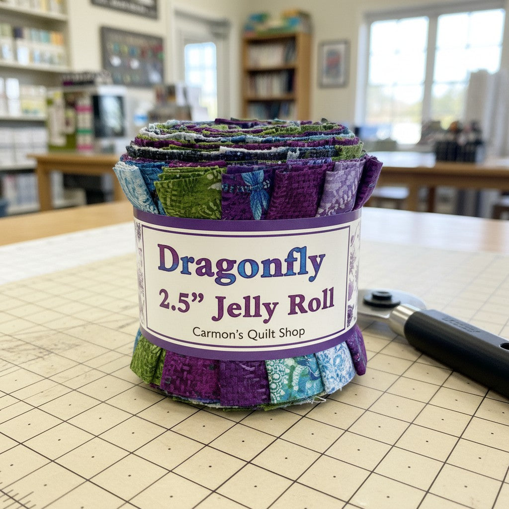 Carmon's Quilt Shop Dragonfly Wonder 2.5 inch jelly roll featuring 40 pre-cut cotton fabric strips in floral prints.