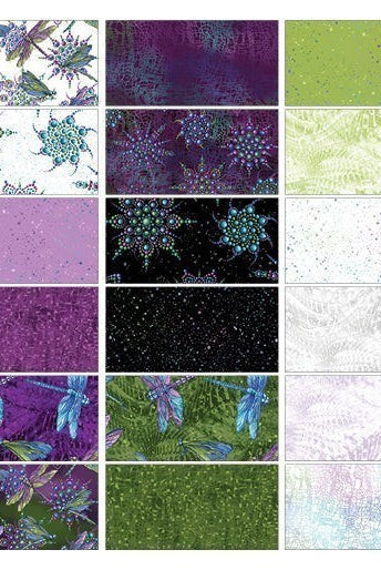 Carmon's Quilt Shop Dragonfly Wonder jelly roll featuring 40 cotton fabric strips with dragonfly and floral prints.