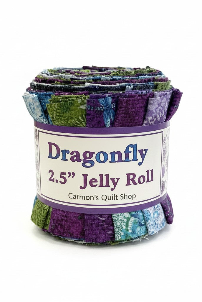 Carmon's Quilt Shop Dragonfly Wonder 2.5 inch jelly roll featuring 40 pre-cut cotton fabric strips in purple and green